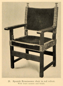 1919 Print Spanish Renaissance Chair Red Velvet Fabric ORIGINAL HISTORIC GF4
