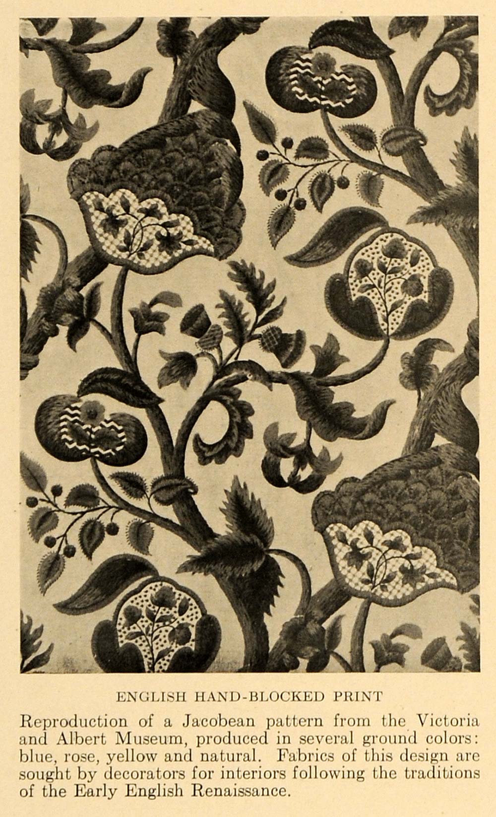 1920 Print English Hand Blocked Print Jacobean Pattern ORIGINAL HISTORIC GF4
