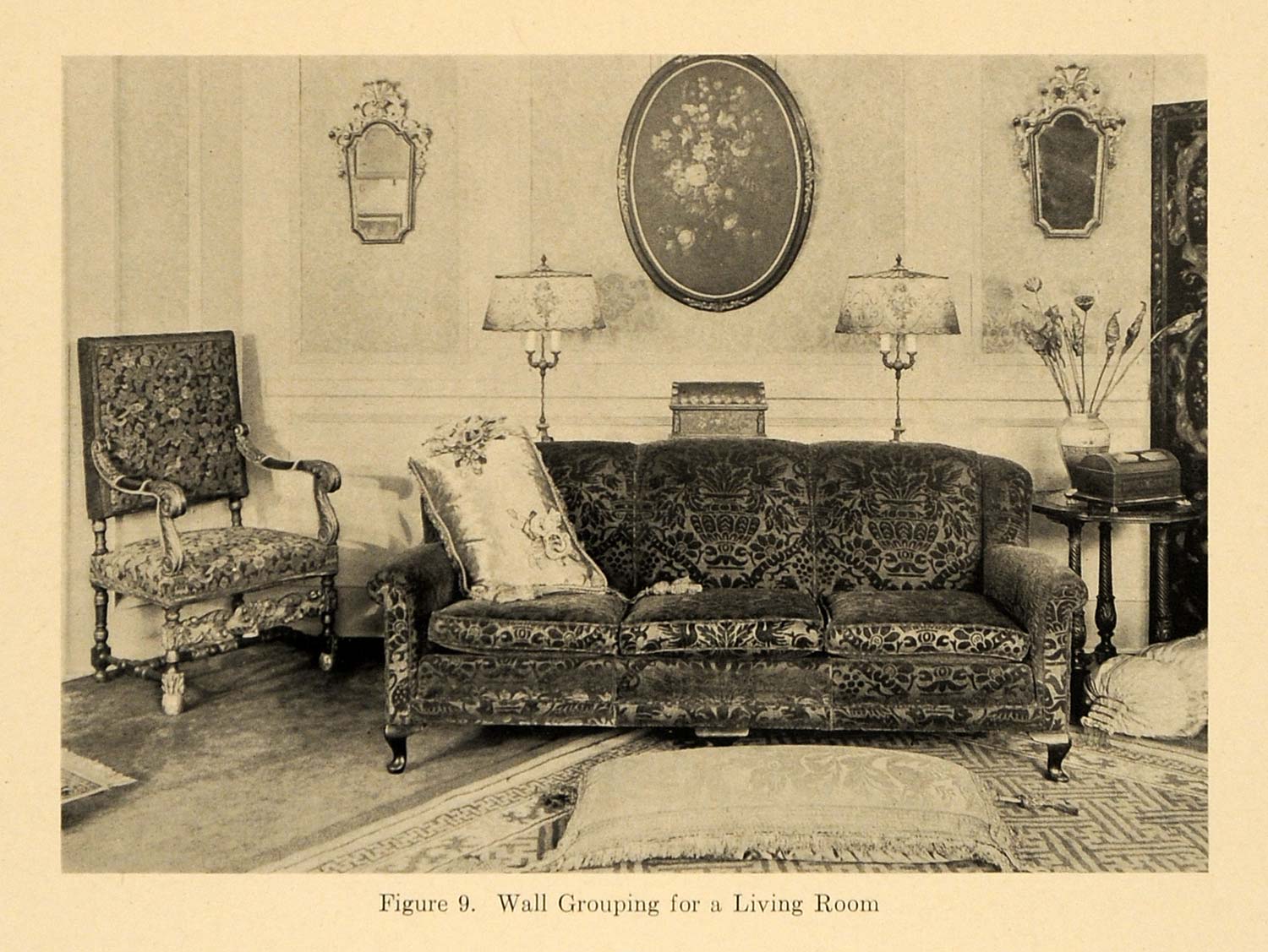 1920 Print Living Room Furniture Couch Sofa Pillow Lamp ORIGINAL HISTORIC GF4
