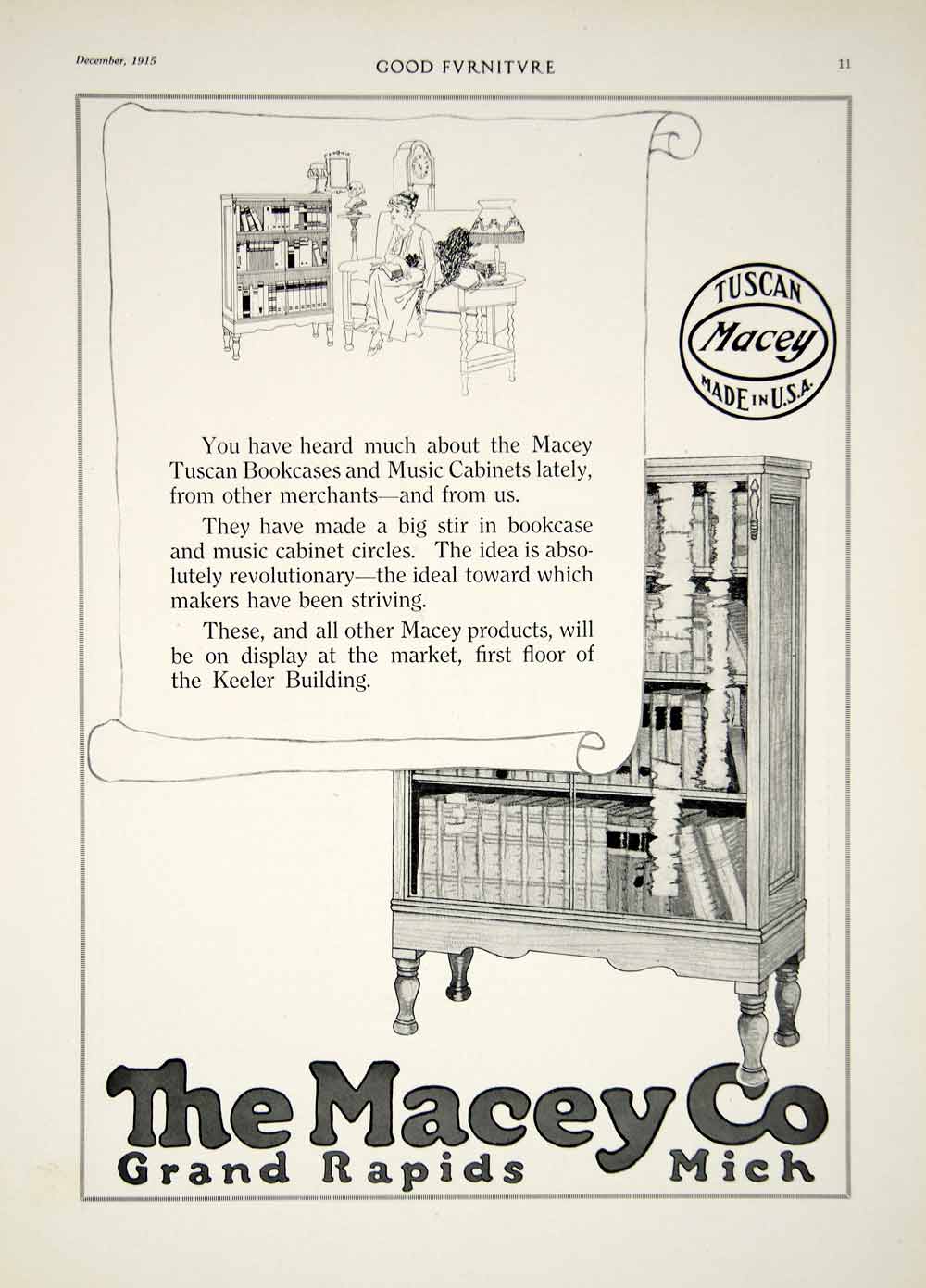 1915 Ad Macey Tuscan Bookcase Music Cabinet Furniture Grand Rapids Michigan GF5