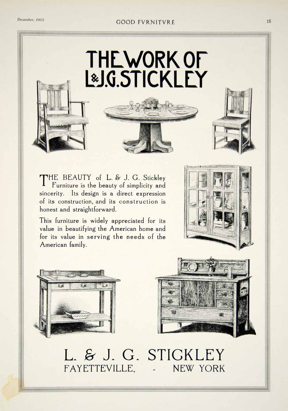 1915 Ad L. & J. G. Stickey Arts & Crafts Furniture Chairs Fayetteville NY GF5