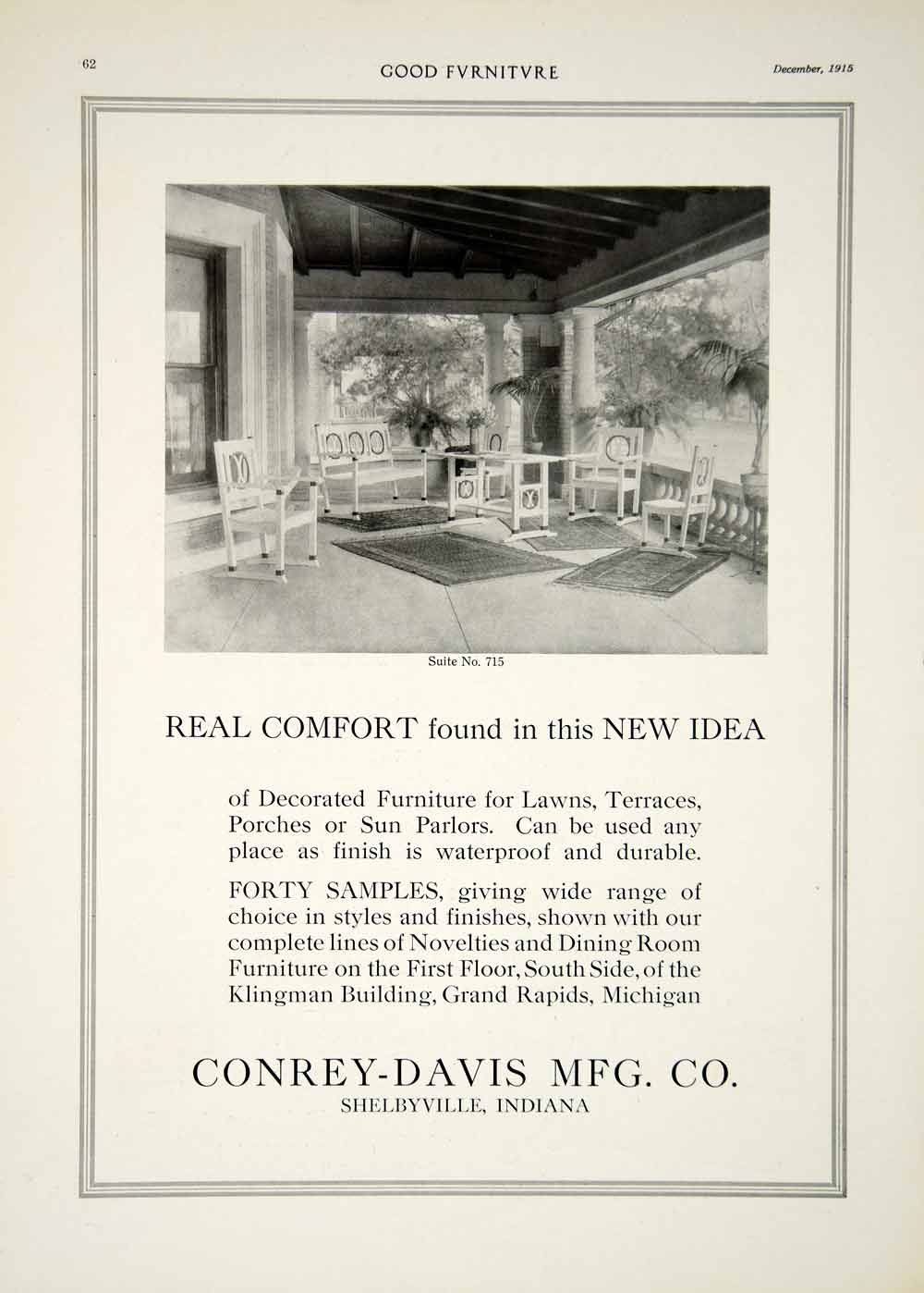 1915 Ad Vintage Conrey-Davis Furniture Porch Lawn Veranda Shelbyville IN GF5