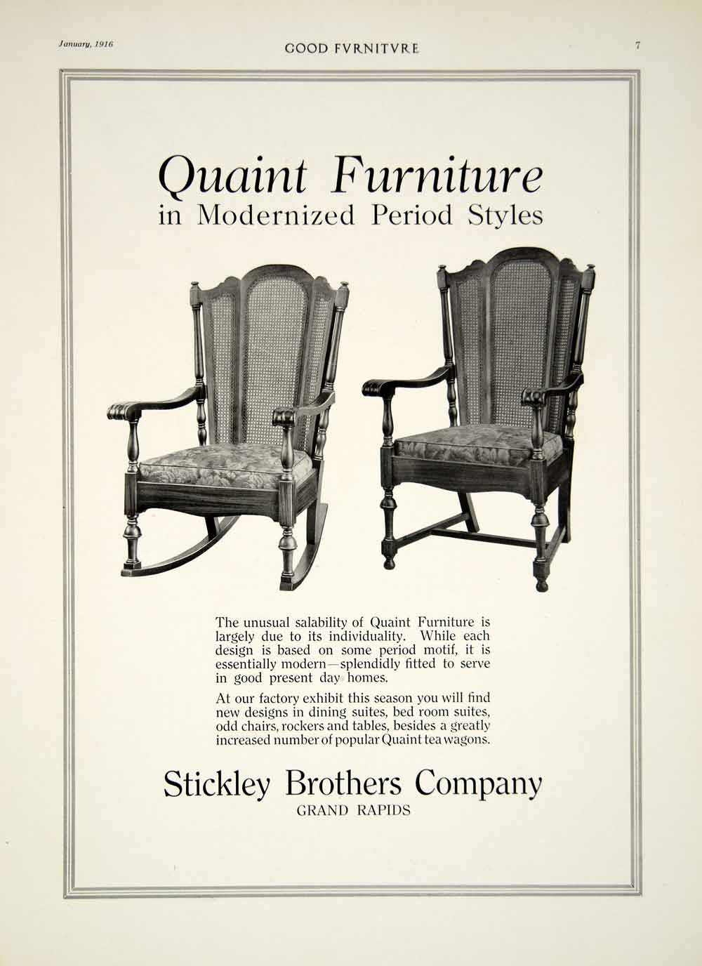 1916 Ad Stickley Brothers Quaint Furniture Arts & Crafts Style Rocking