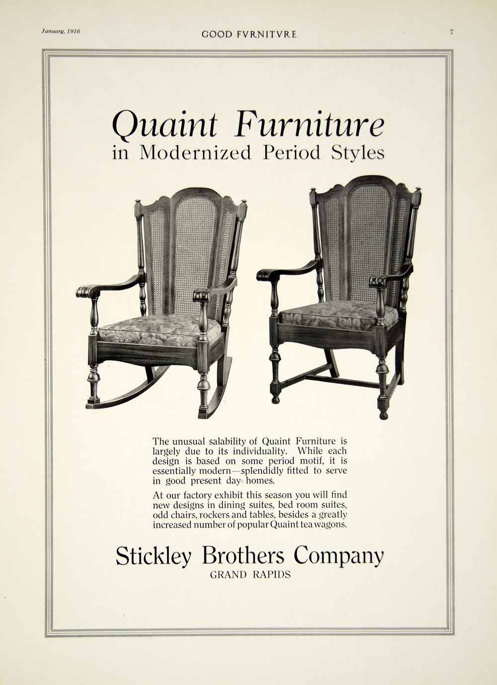 1916 Ad Stickley Brothers Quaint Furniture Arts & Crafts Style Rocking Chair GF5 - Period Paper
