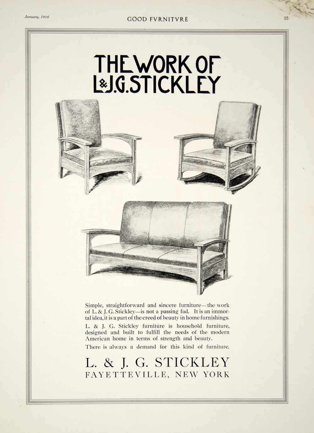 1916 Ad L & J G Stickey Arts & Crafts Furniture Sofa Chair Fayetteville NY GF5