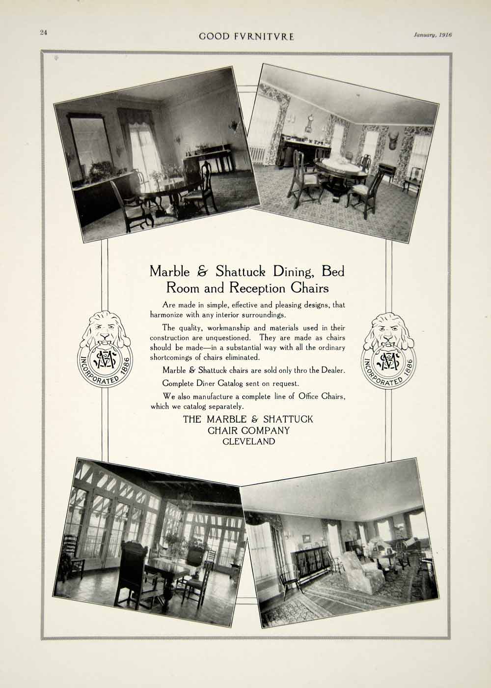 1916 Ad Vintage Marble & Shattuck Chairs Dining Room Reception Cleveland OH GF5