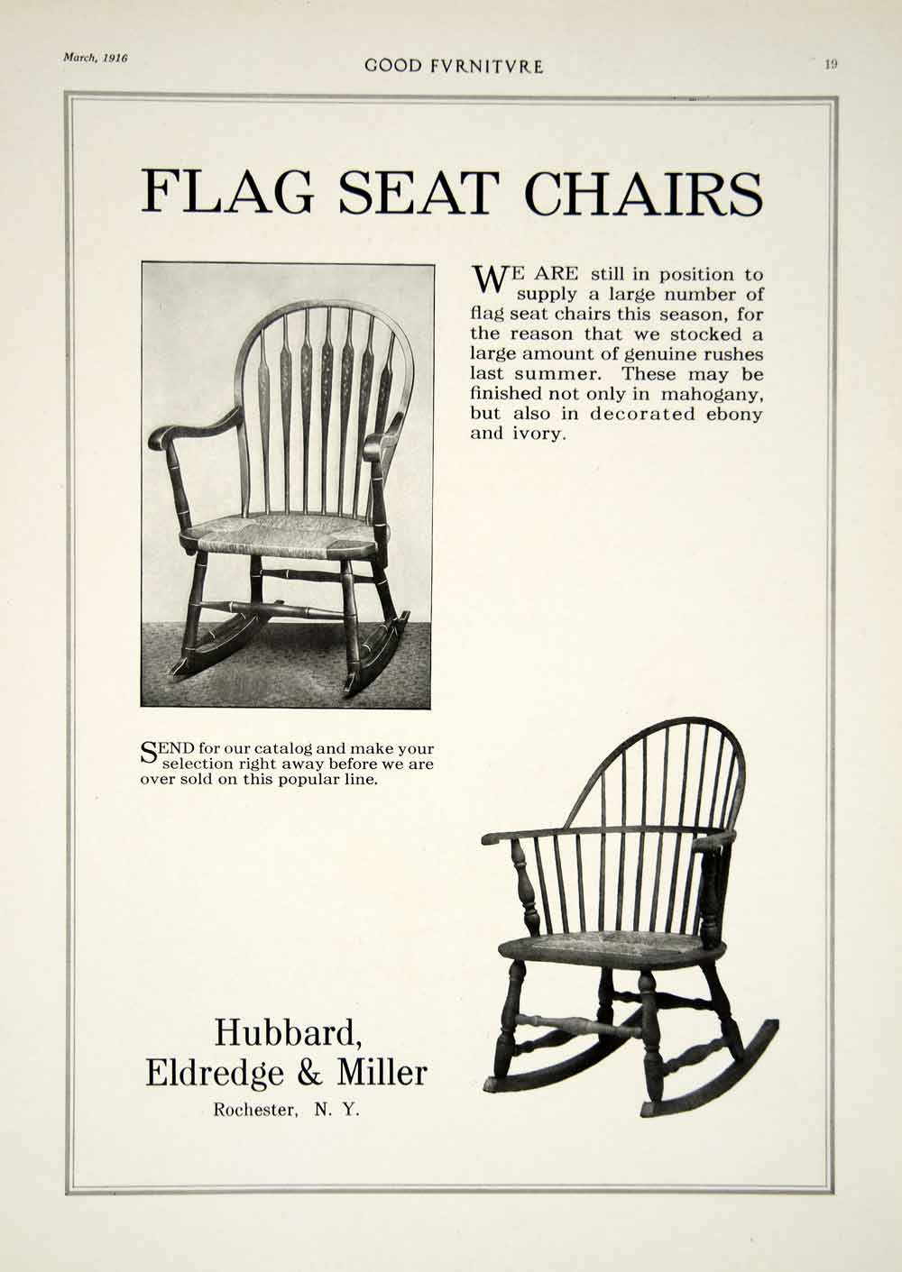1916 Ad Vintage Flag Seat Rocking Chair Hubbard Eldredge & Miller Furniture GF5