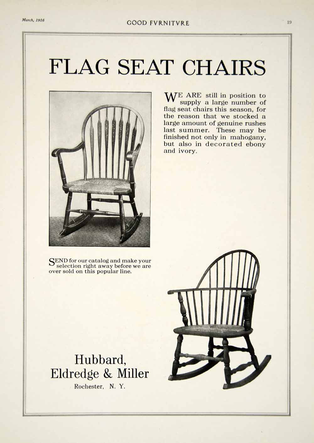 1916 Ad Vintage Flag Seat Rocking Chair Hubbard Eldredge & Miller Furn ...