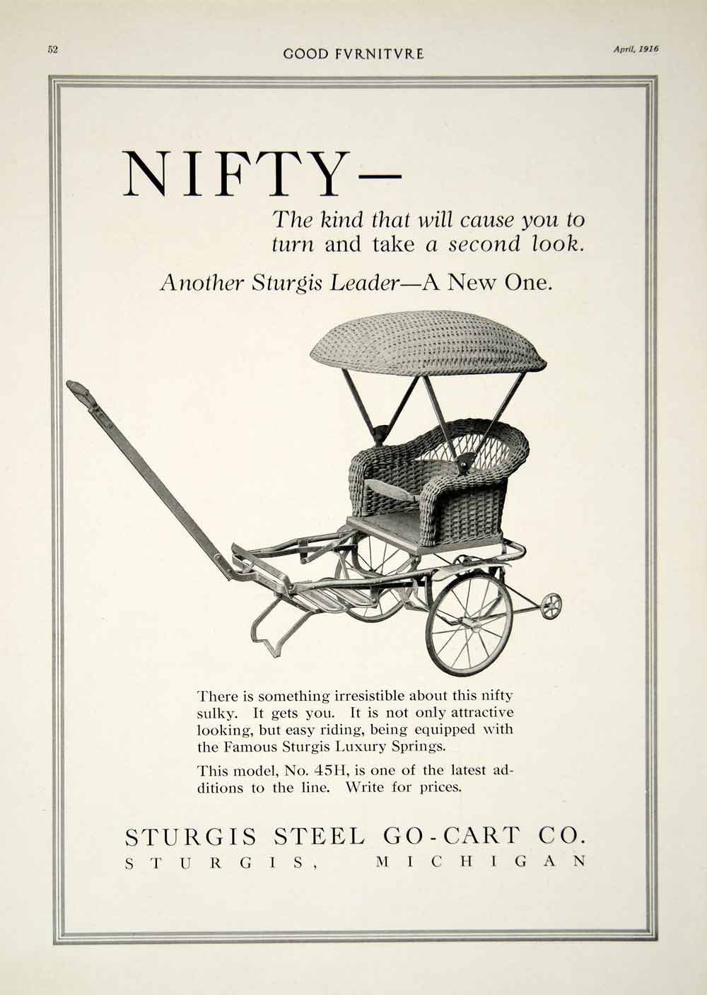 1916 Ad Antique Baby Stroller Carriage Sulky Buggy Pram Infant Sturgis Steel GF5