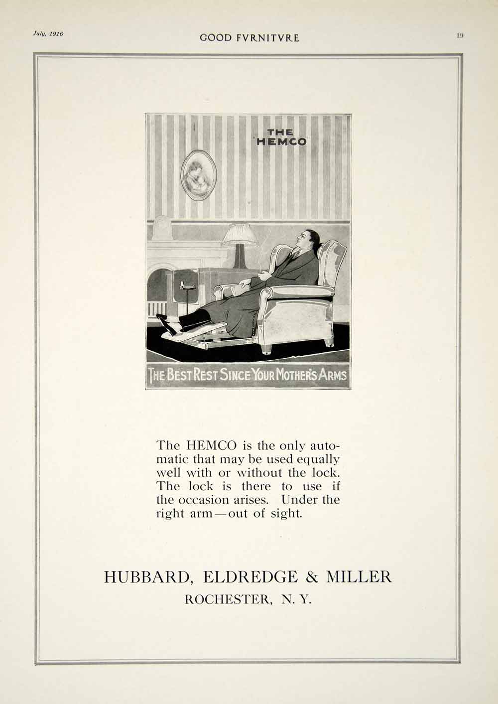 1916 Ad Vintage HEMCO Reclining Chair Recliner Hubbard Eldredge & Miller GF5