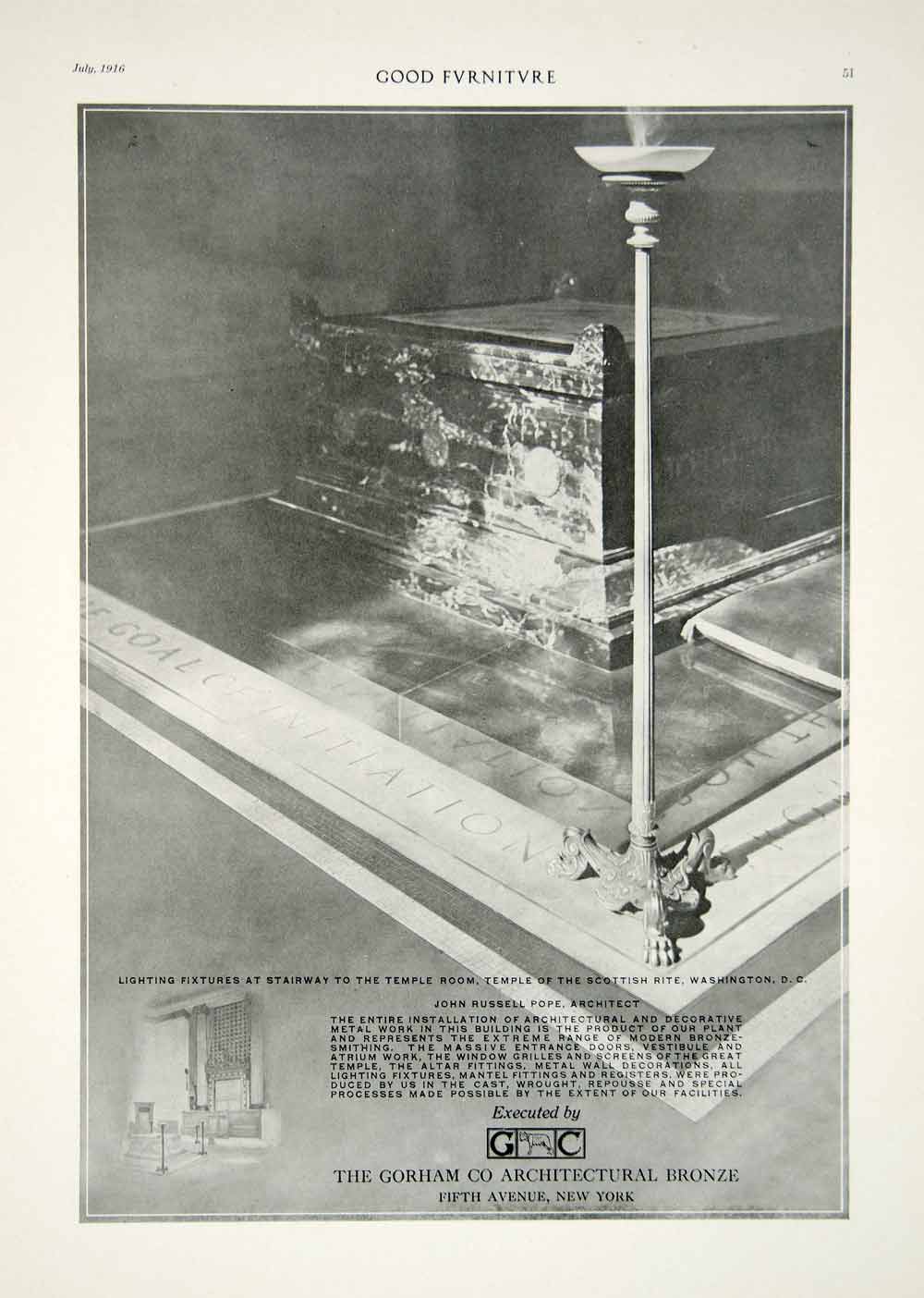 1916 Ad Gorham Bronze Fixtures Temple of the Scottish Rite Washington D.C. GF5