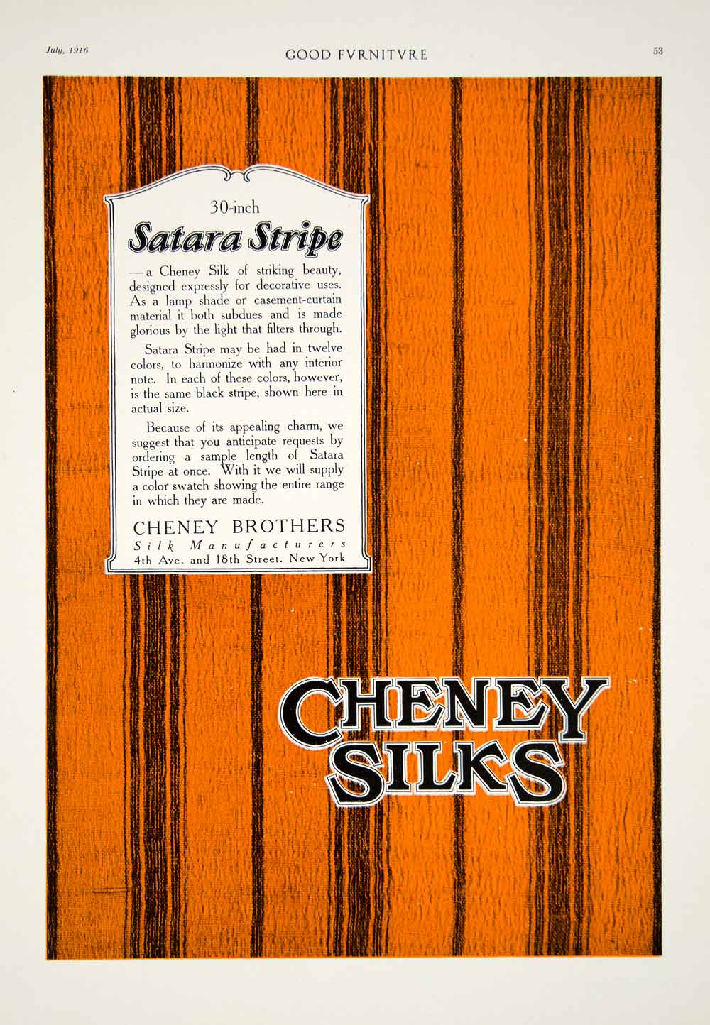 1916 Ad Vintage Cheney Brothers 30" Satara Stripe Silk Interior Decoration GF5