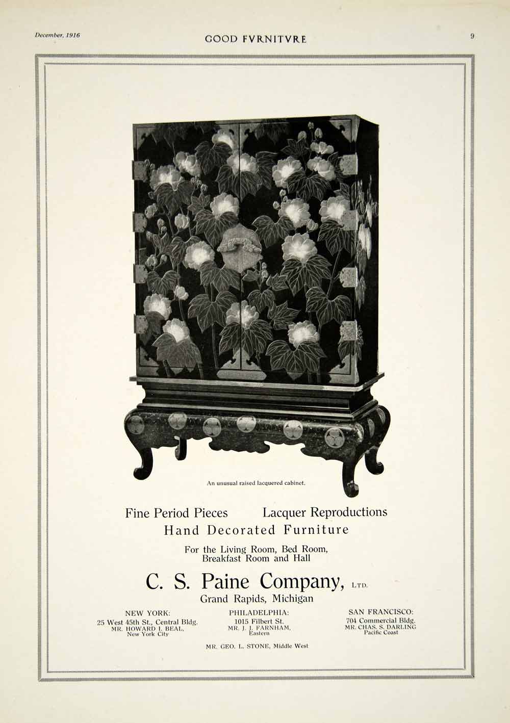 1916 Ad Vintage C.S. Paine Furniture Lacquered Cabinet Grand Rapids Michigan GF5