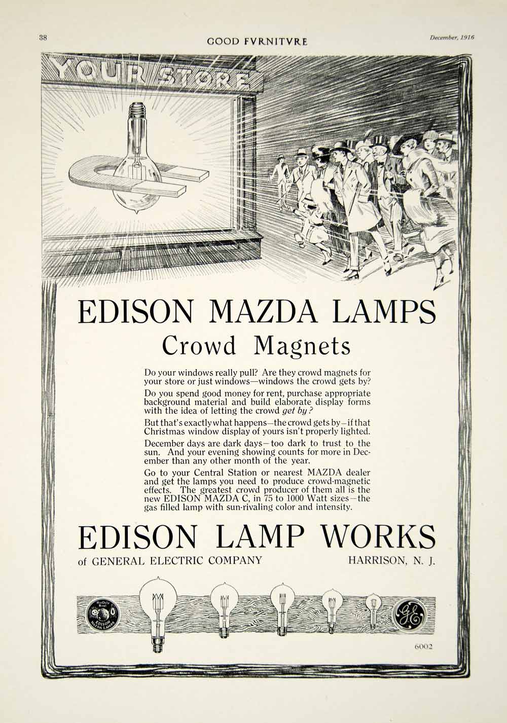 1916 Ad Vintage Mazda C Light Bulb Edison Lamp Works Crowd Store Magnet GF5