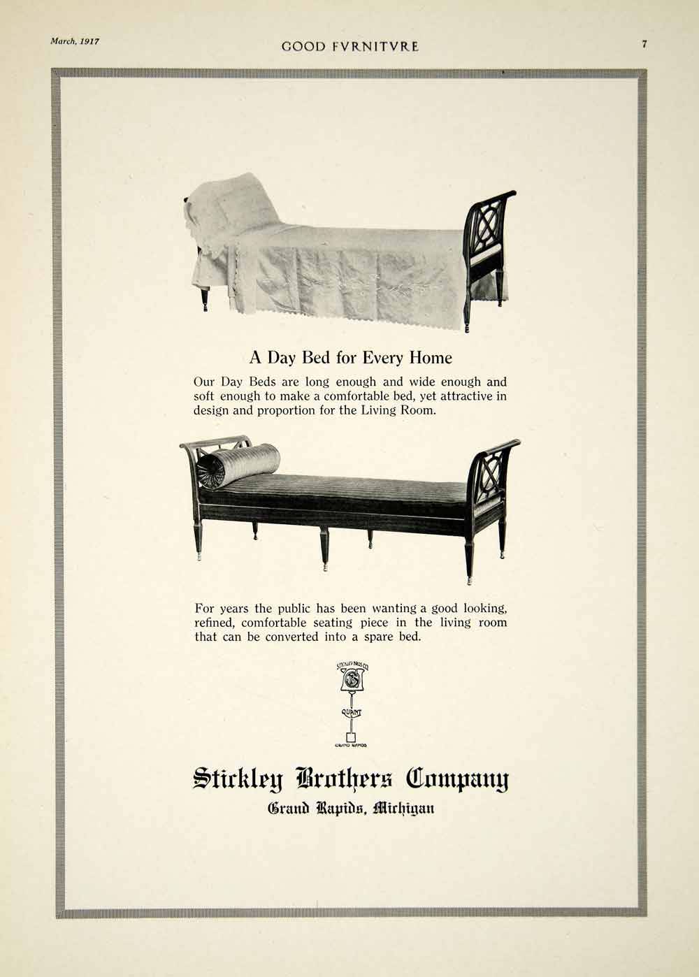 1917 Ad Vintage Stickley Brothers Furniture Day Bed Spare Living Room Seat GF5