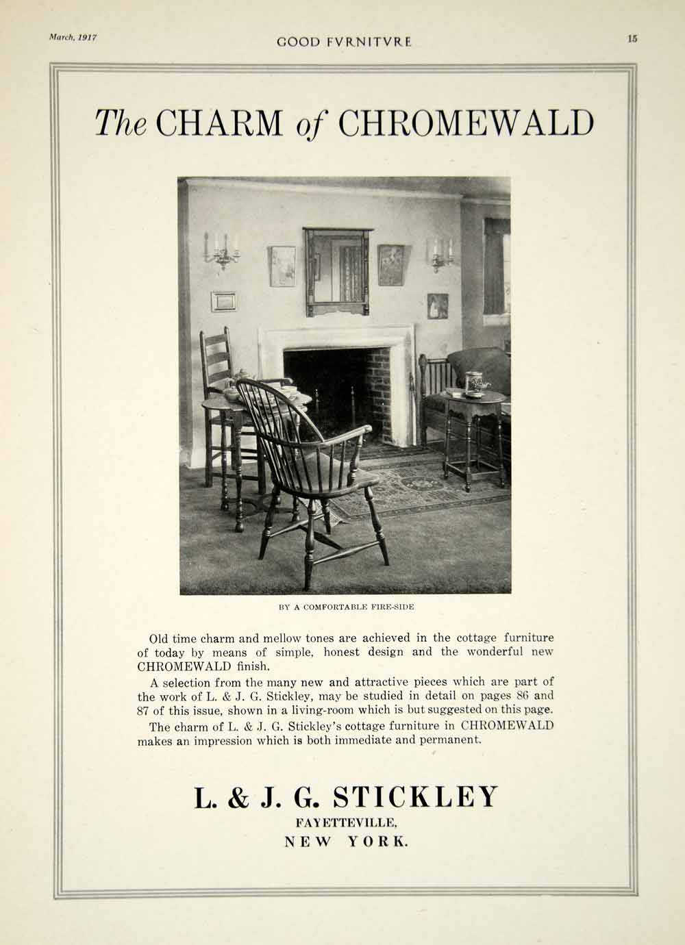 1917 Ad L. & J. G. Stickley Cottage Furniture Fireside Chair Fayetteville NY GF5