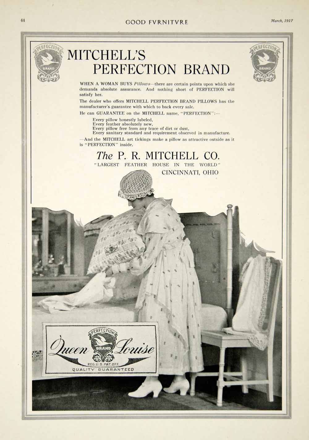 1917 Ad Vintage P. R. Mitchell Perfection Brand Feather Pillows Bed Bedroom GF5