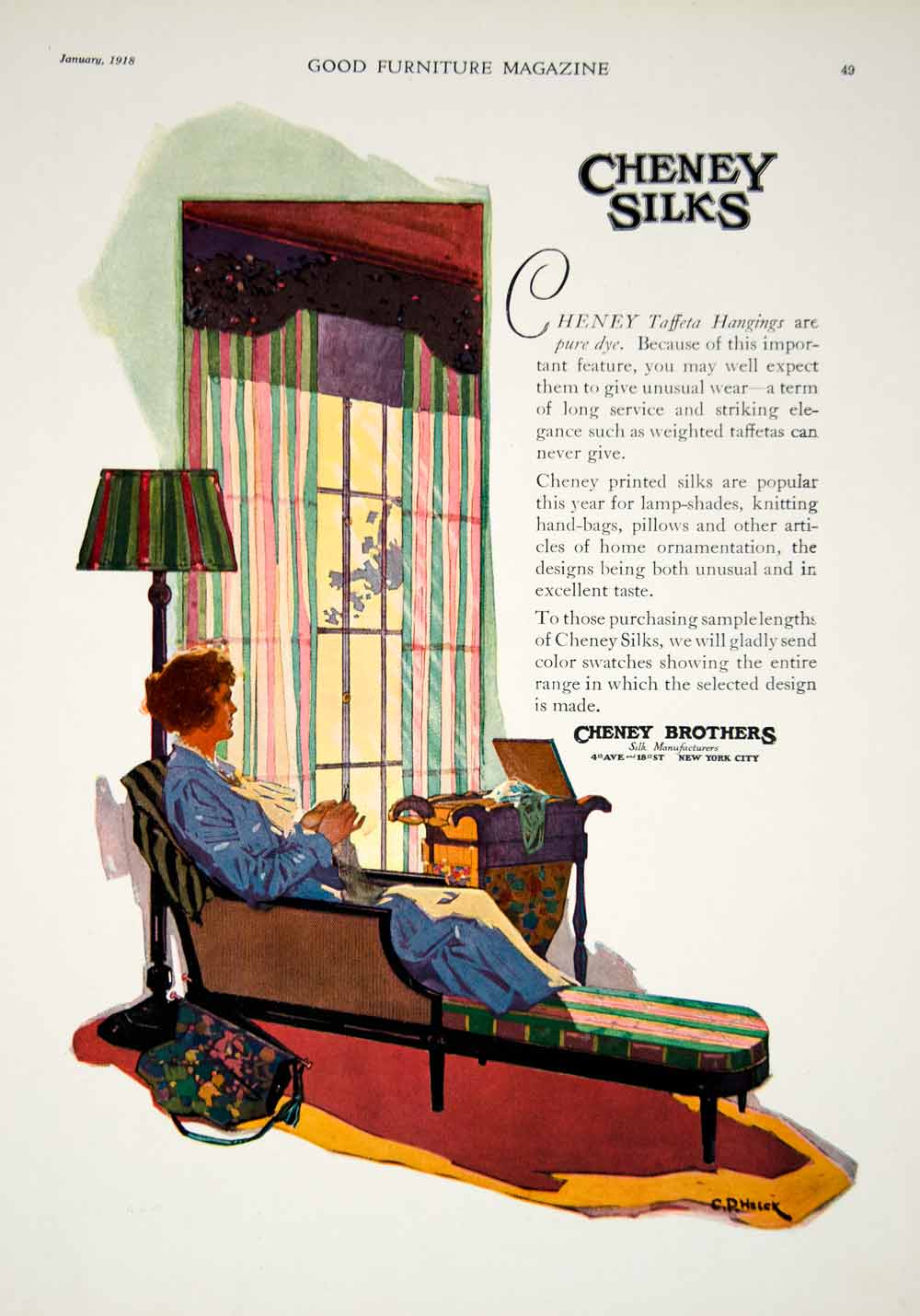 1918 Ad Vintage Cheney Brothers Silks Home Decor Clarence Peter Helck Art G5