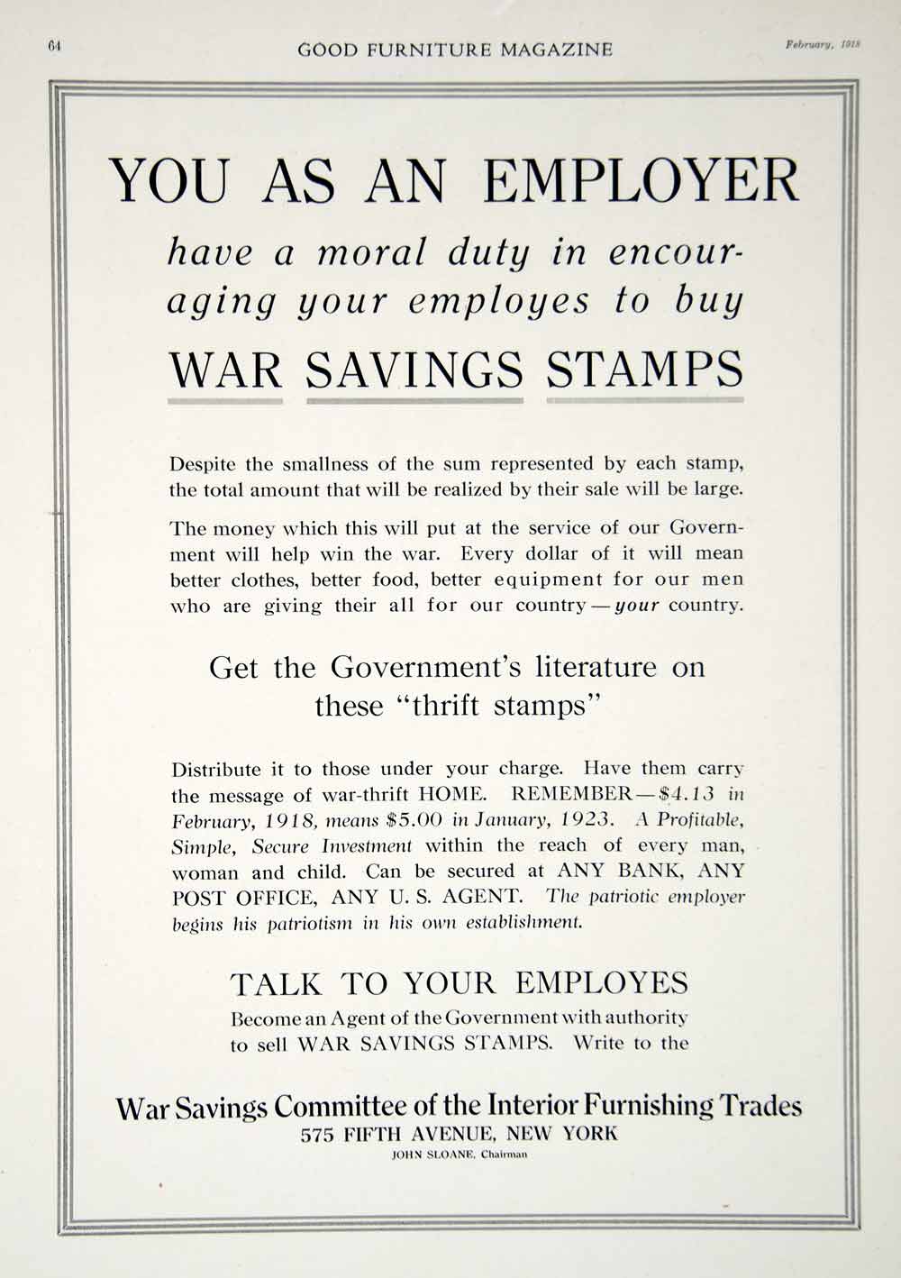 1918 Ad WWI War Savings Stamps Patriotic Public Service Message Historic GF5