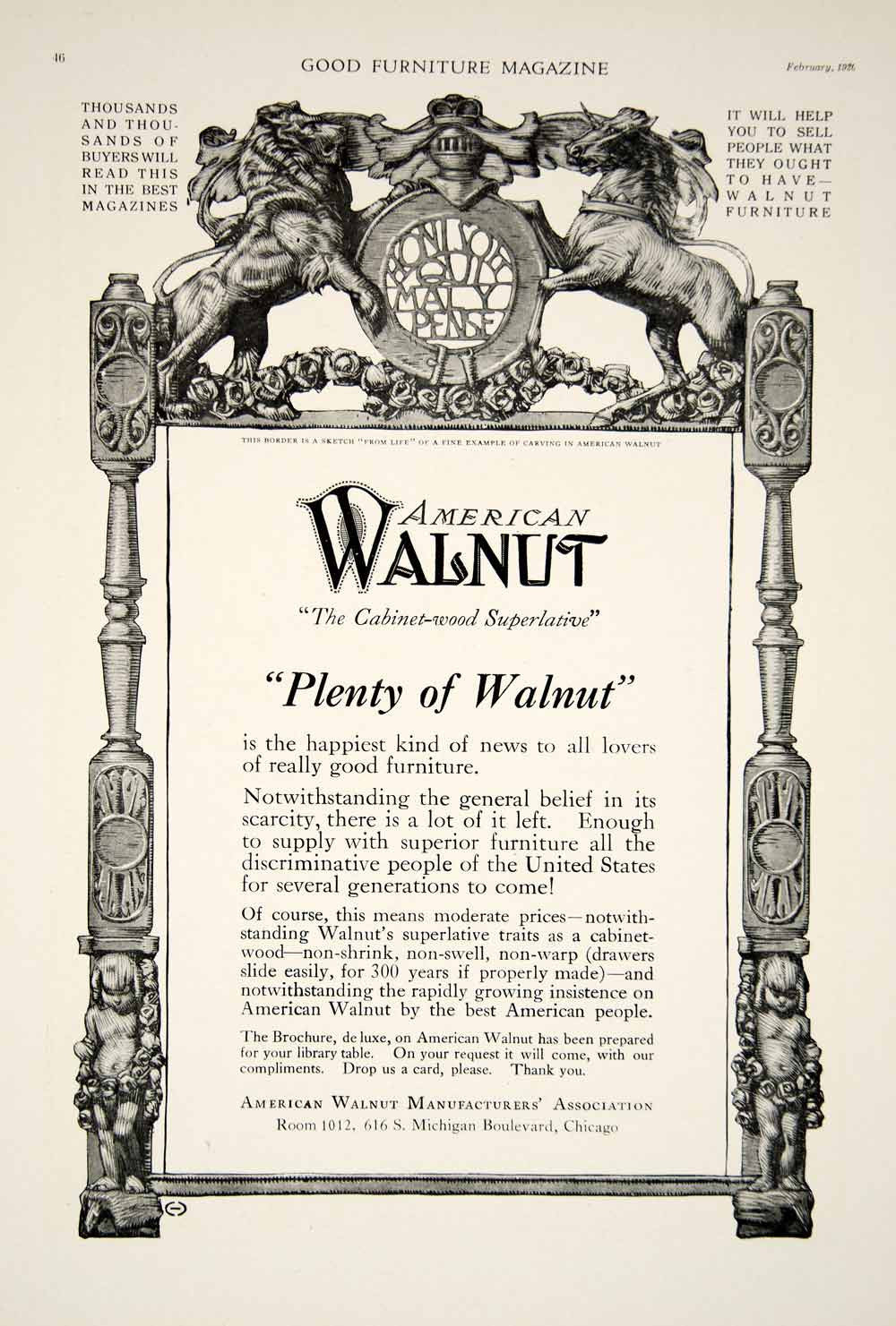 1920 Ad American Walnut Manufacturers Wood Furniture Cabinet Woodworking GF5 - Period Paper
