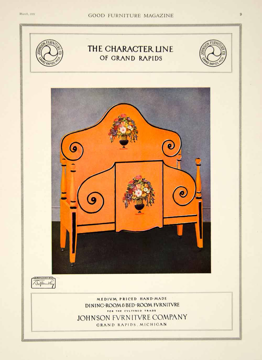 1921 Ad Vintage Johnson Furniture Bed Character Line Headboard Footboard GF5