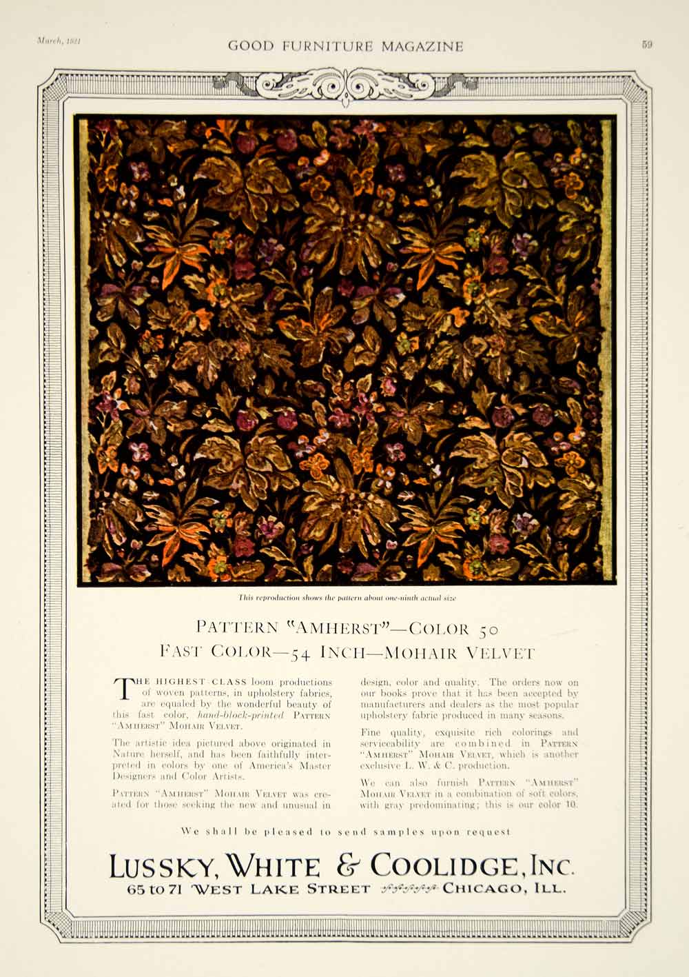 1921 Ad Vintage Lussky White & Coolidge Fabric Amherst Mohair Velvet Decor GF5