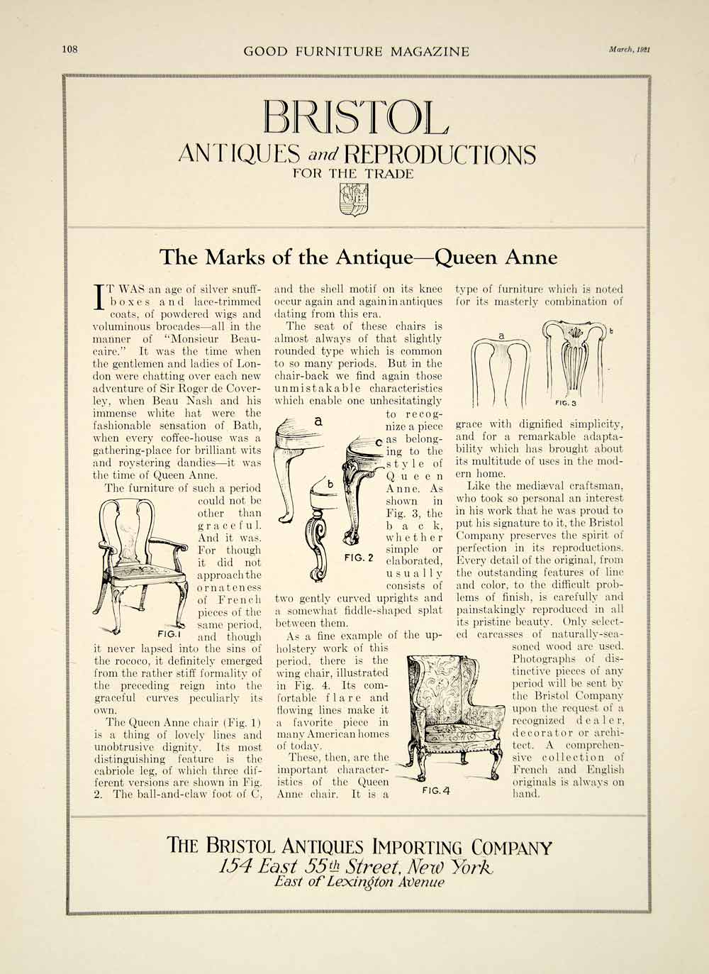 1921 Ad Bristol Antiques Queen Anne Furniture Wing Chair Characteristics GF5