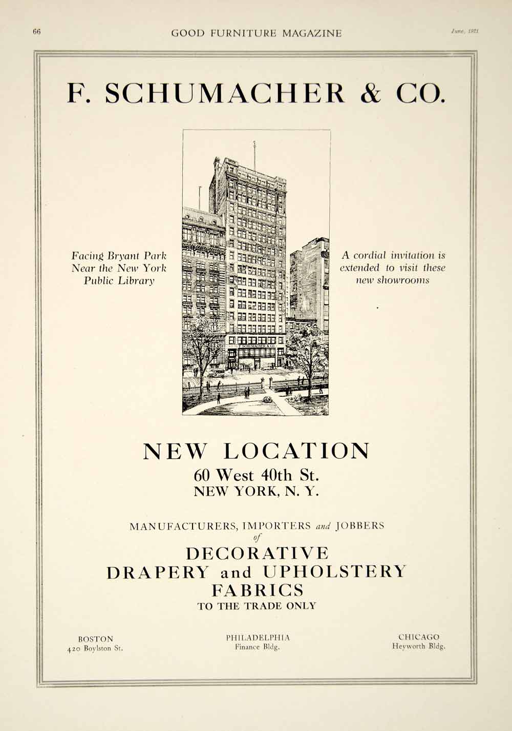 1921 Ad F. Schumacher Fabrics Store Building 60 West 40th St. New York City GF5