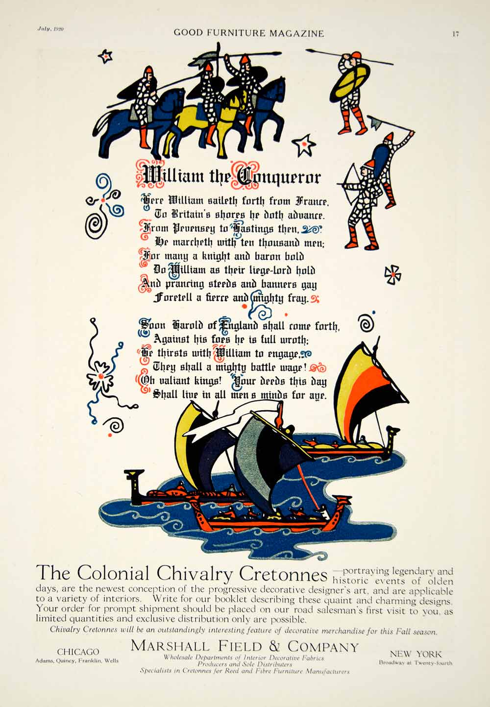 1920 Lithograph Ad Colonial Chivalry Cretonnes Fabric William the Conquerer GF5