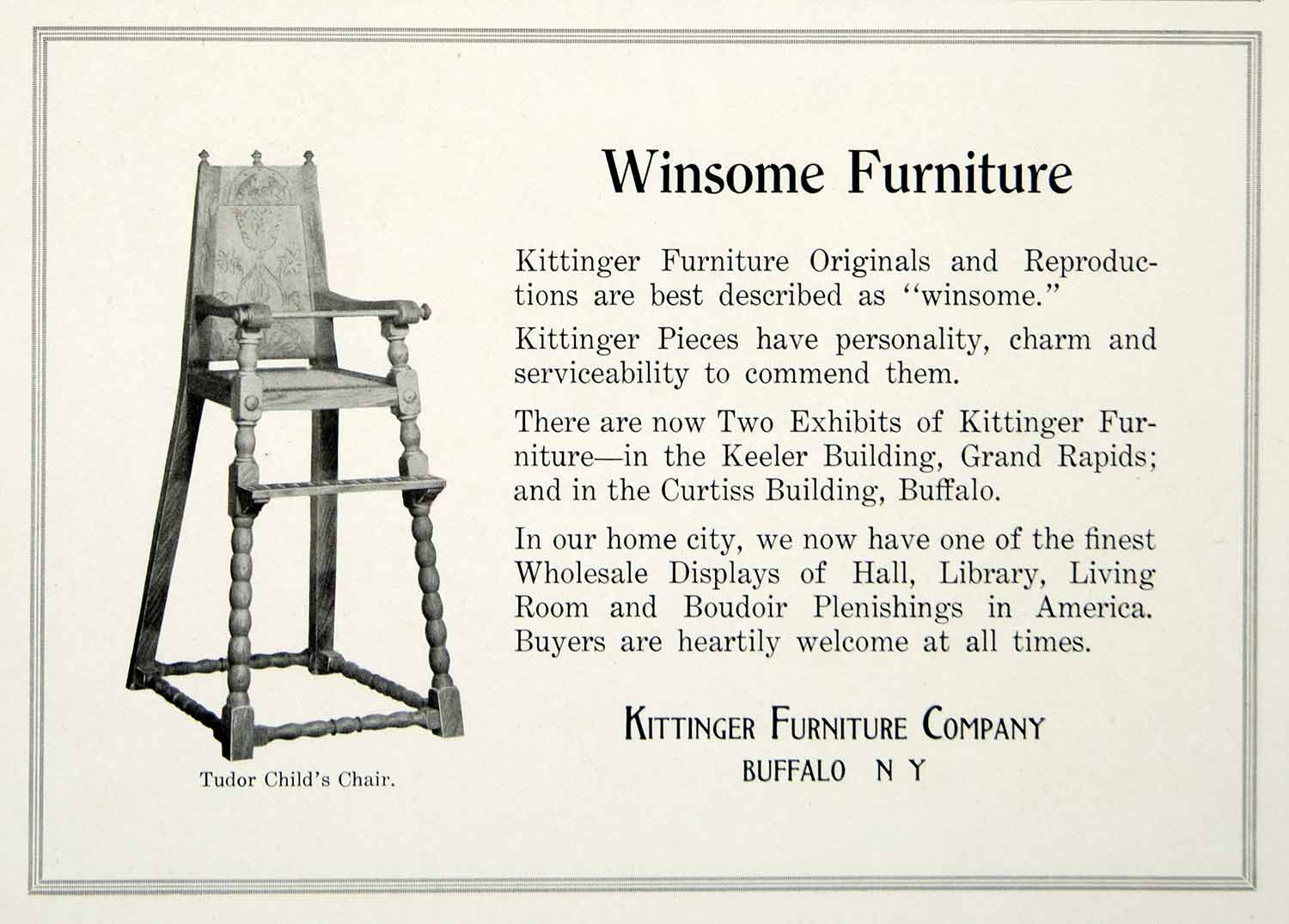 1916 Ad Vintage Kittinger Furniture Tudor Child Highchair Buffalo New York GF5