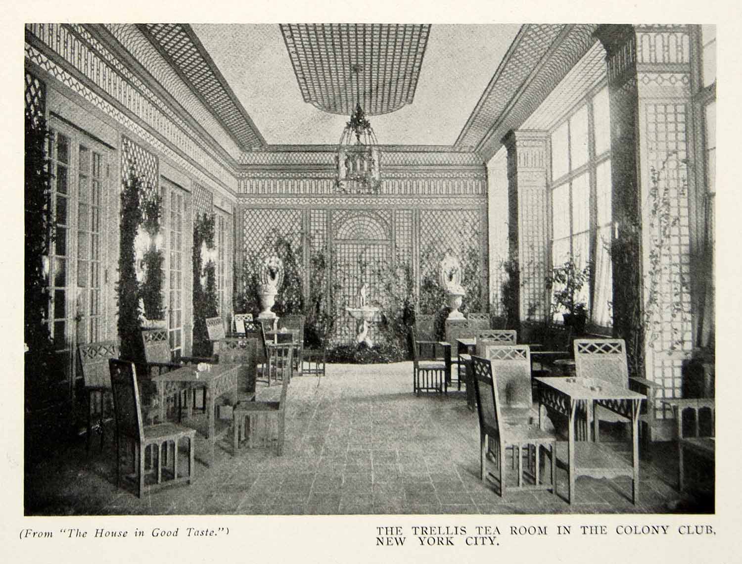 1916 Print Trellis Tea Room Colony Club New York City Interior Design Decor GF5