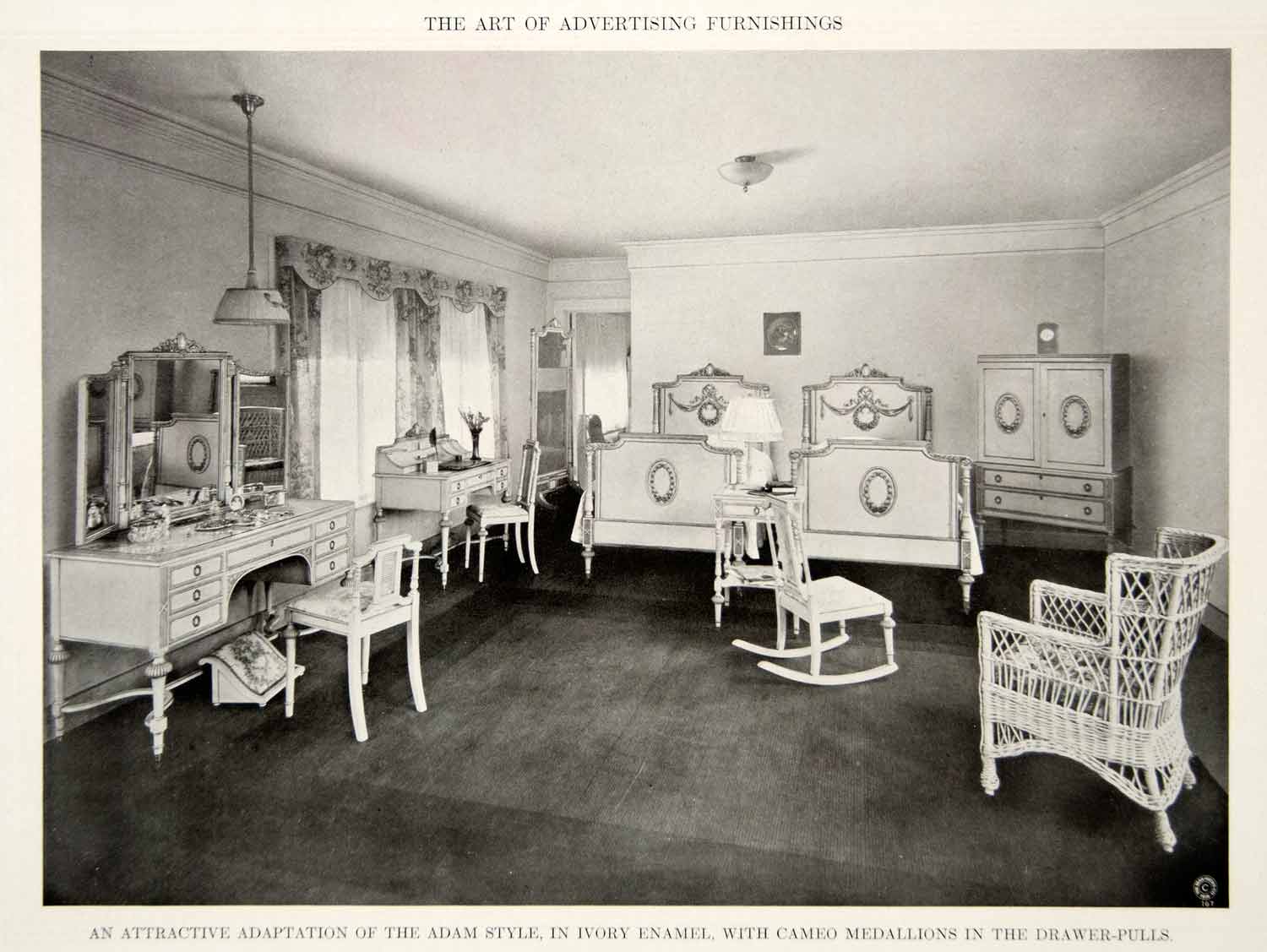 1916 Print Antique Bedroom Suite Twin Beds Vanity Desk Interior Design Decor GF5