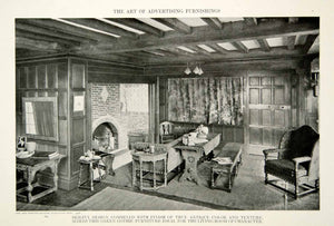 1916 Print Living Room Gothic Oak Furniture Sofa Table Home Interior Design GF5