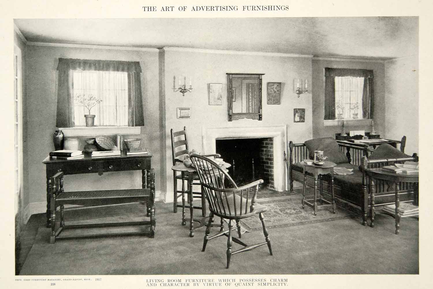 1917 Print Living Room Stickley Furniture Sofa Fireplace Interior Design GF5