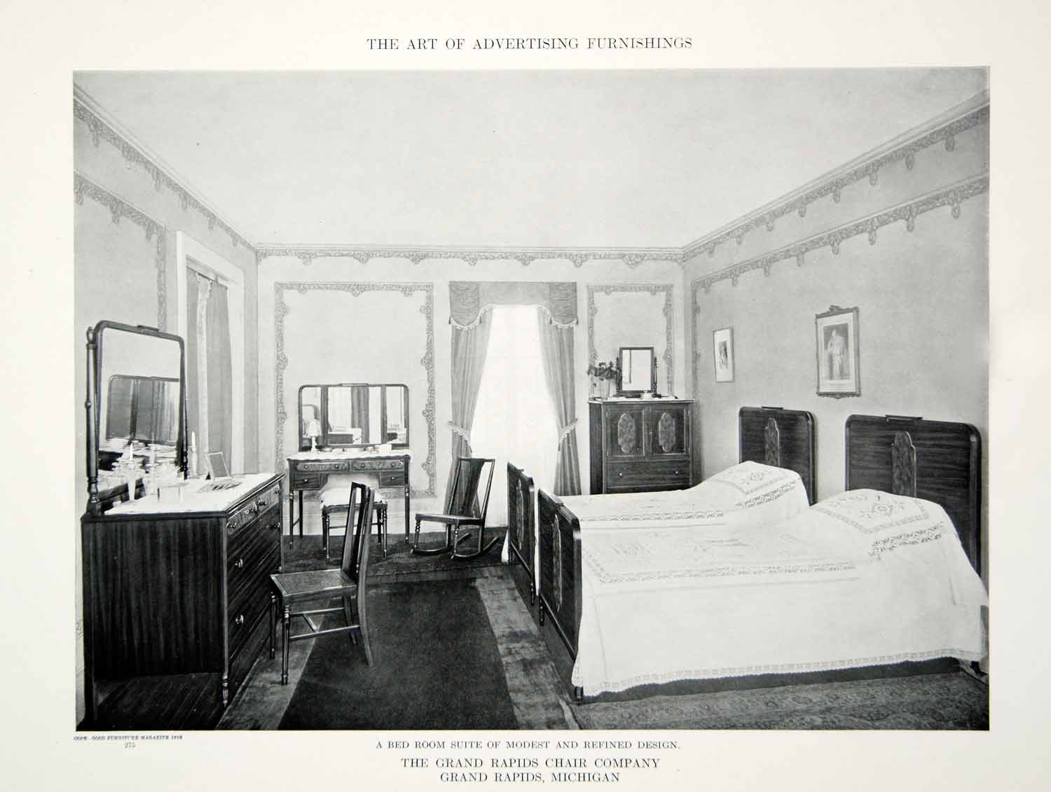 1918 Print Antique Bedroom Furniture Twin Beds Interior Design Home Decor GF5