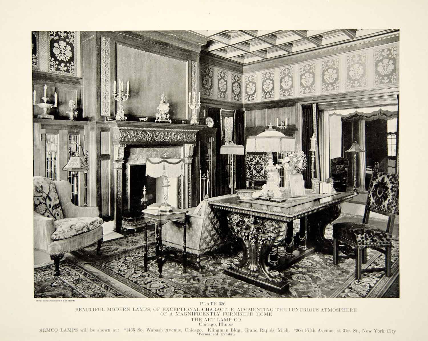 1921 Print Antique Drawing Room Living Furniture Lamps Interior Design Decor GF5