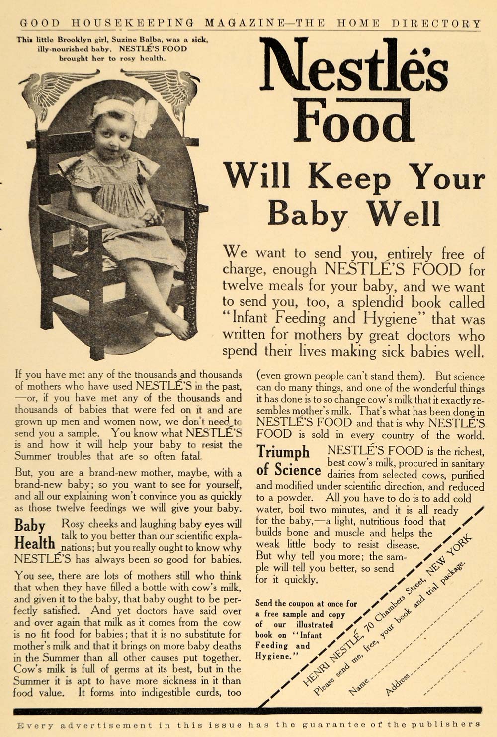 1910 Ad Henri Nestles Baby Food Suzine Balba Sick Baby - ORIGINAL GH2