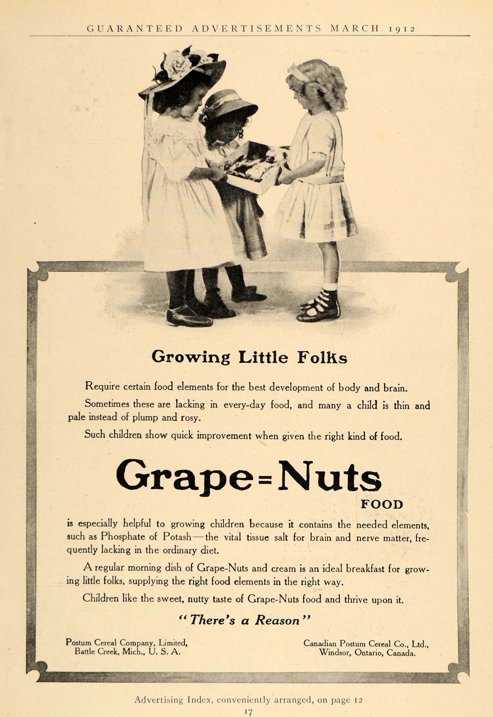 1912 Ad Postum Cereal Grape-Nuts Food Vintage Children - ORIGINAL GH2