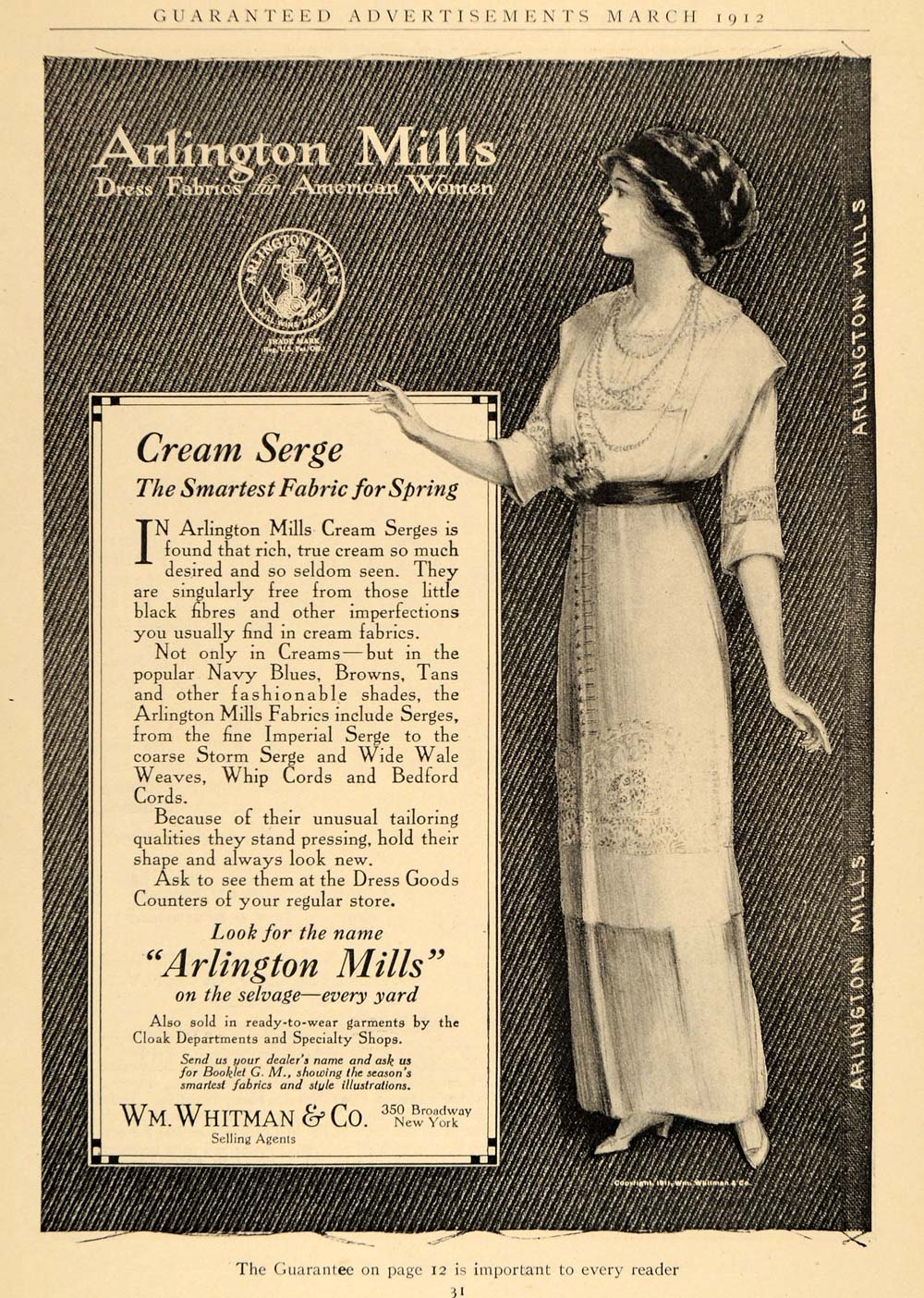 1912 Ad Arlington Mill Cream Serge Fabric Vintage Dress
