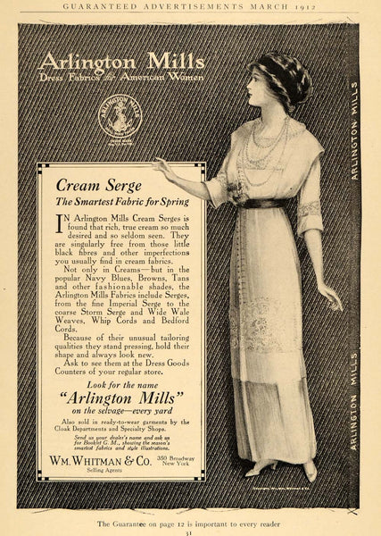 1912 Ad Arlington Mill Cream Serge Fabric Vintage Dress