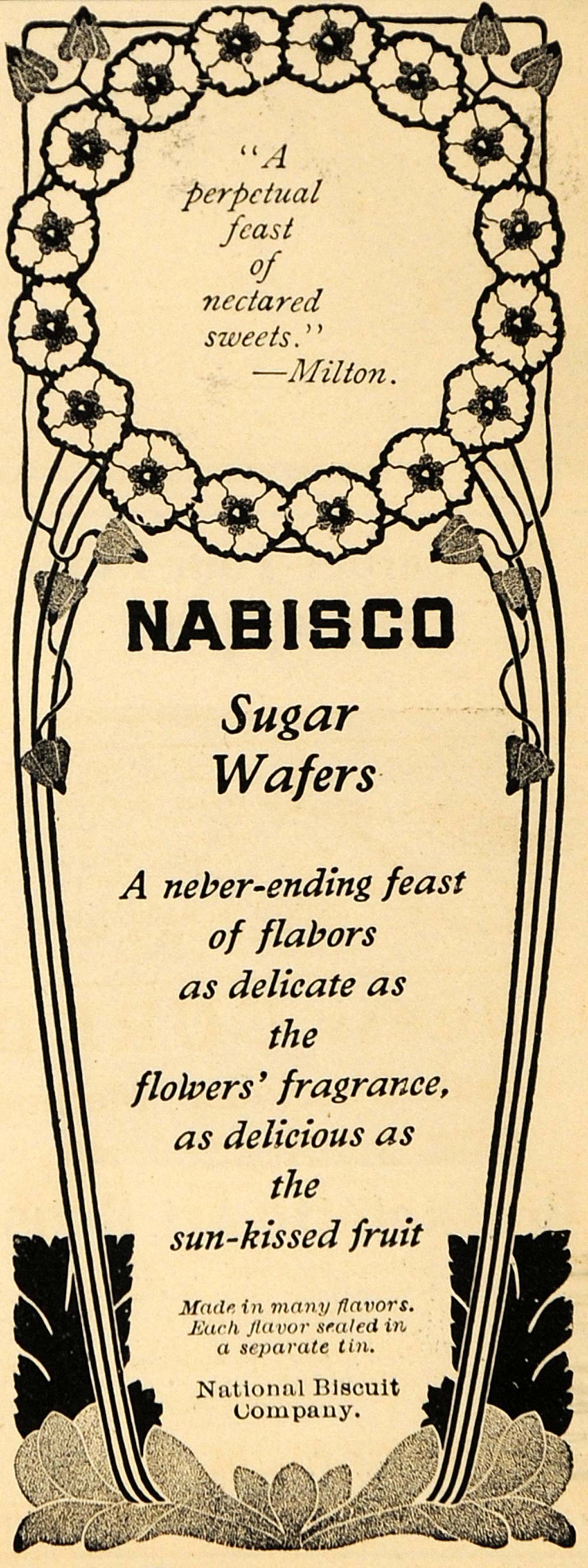 1902 Ad National Biscuits Nabisco Wafers Floral Milton - ORIGINAL GH2