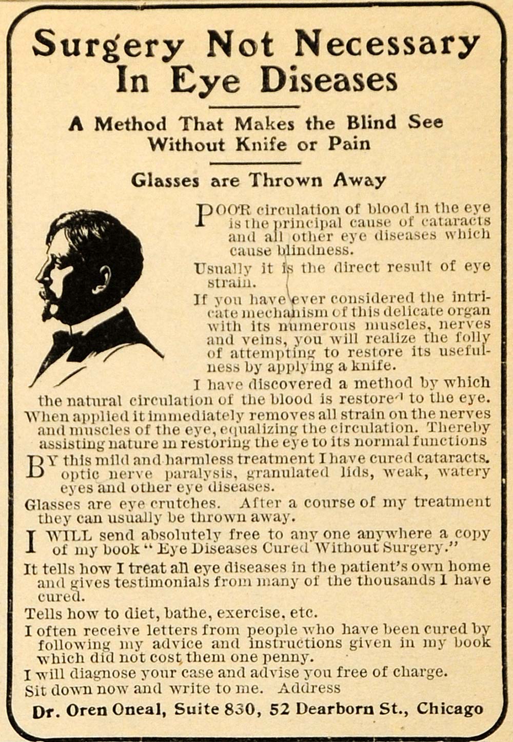1905 Ad Dr. Oren Oneal Blindness Eye Cure Treatment - ORIGINAL ADVERTISING GH2