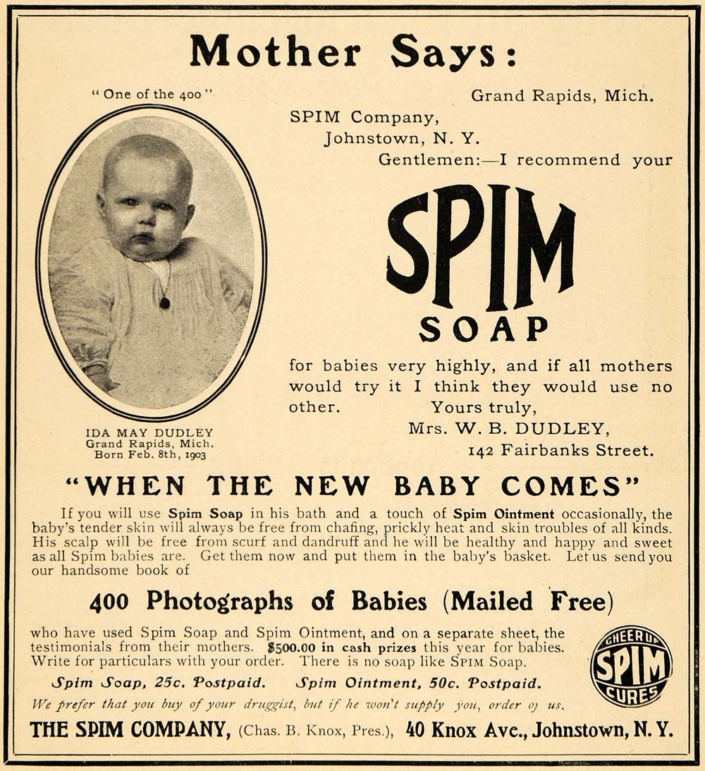1904 Ad Spim Baby Soap Ointment Ida May Dudley Infant - ORIGINAL ADVERTISING GH2