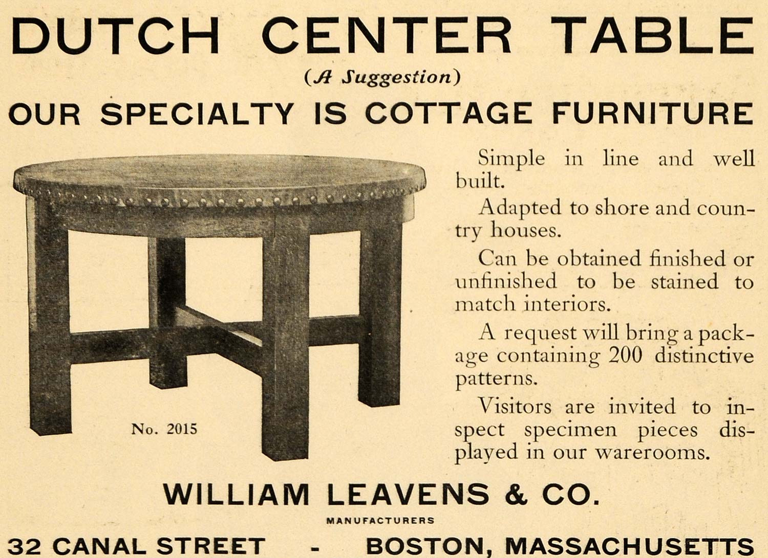 1908 Ad William Leavens Dutch Table Cottage Furniture - ORIGINAL ADVERTISING GH2