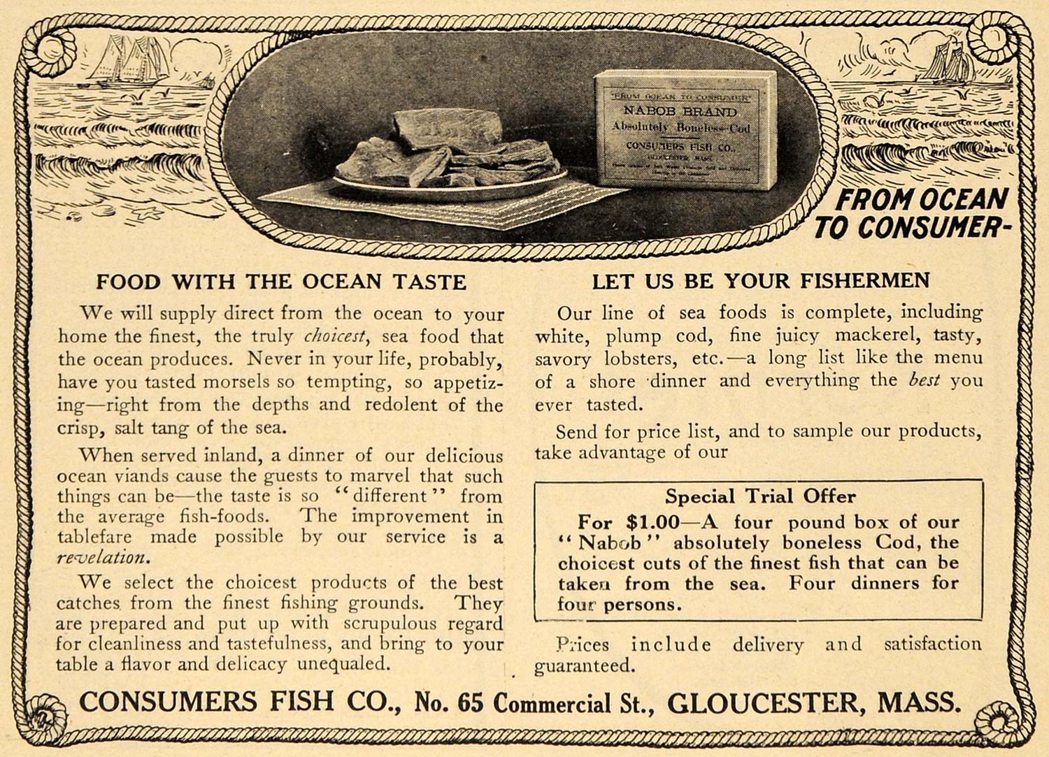 1909 Ad Consumers Fish Food with Ocean Taste Gloucester - ORIGINAL GH2