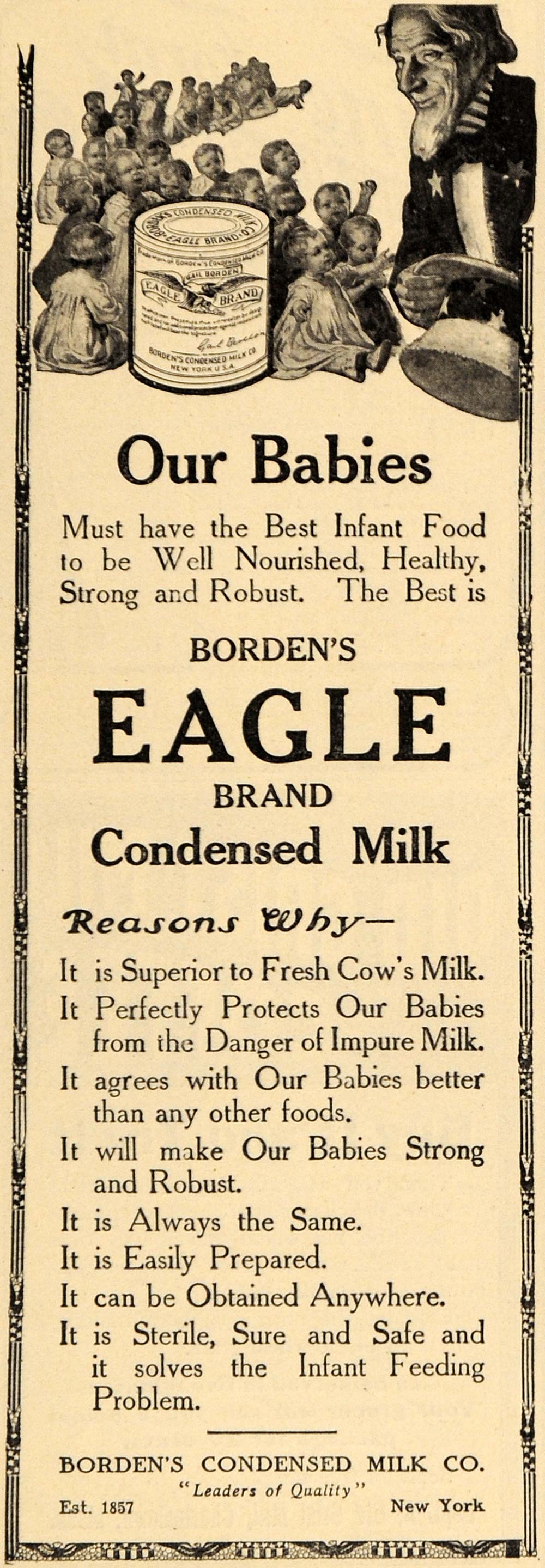 1909 Ad Borden Eagle Brand Condensed Milk Infant Food - ORIGINAL ADVERTISING GH2