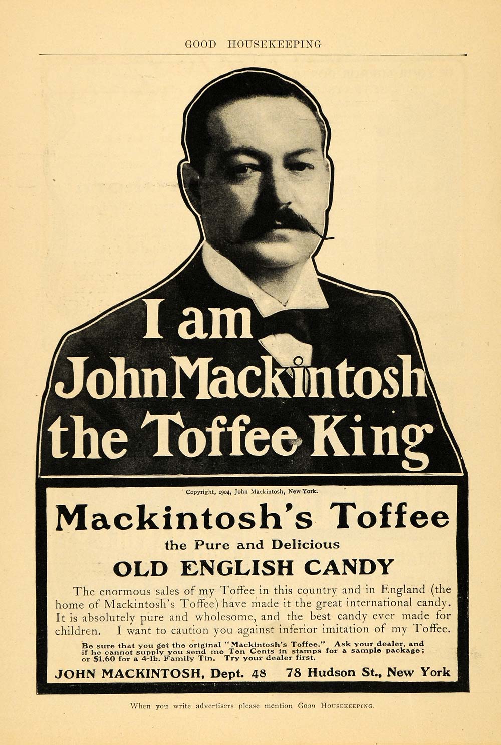 1905 Ad John Mackintosh Toffee King English Candy NY - ORIGINAL ADVERTISING GH2