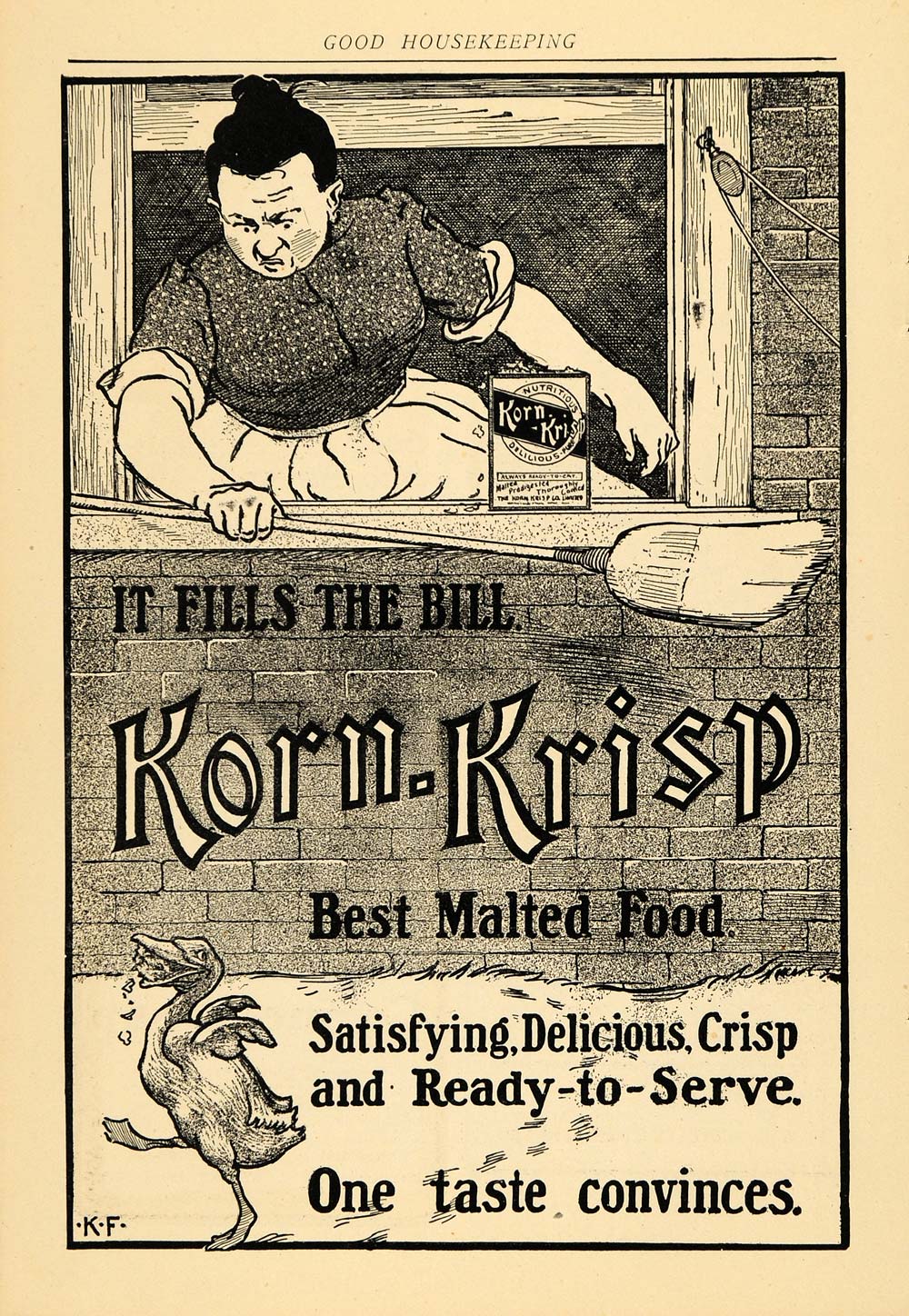 1903 Ad Korn Krisp Malted Food Woman Shooing Happy Duck - ORIGINAL GH2