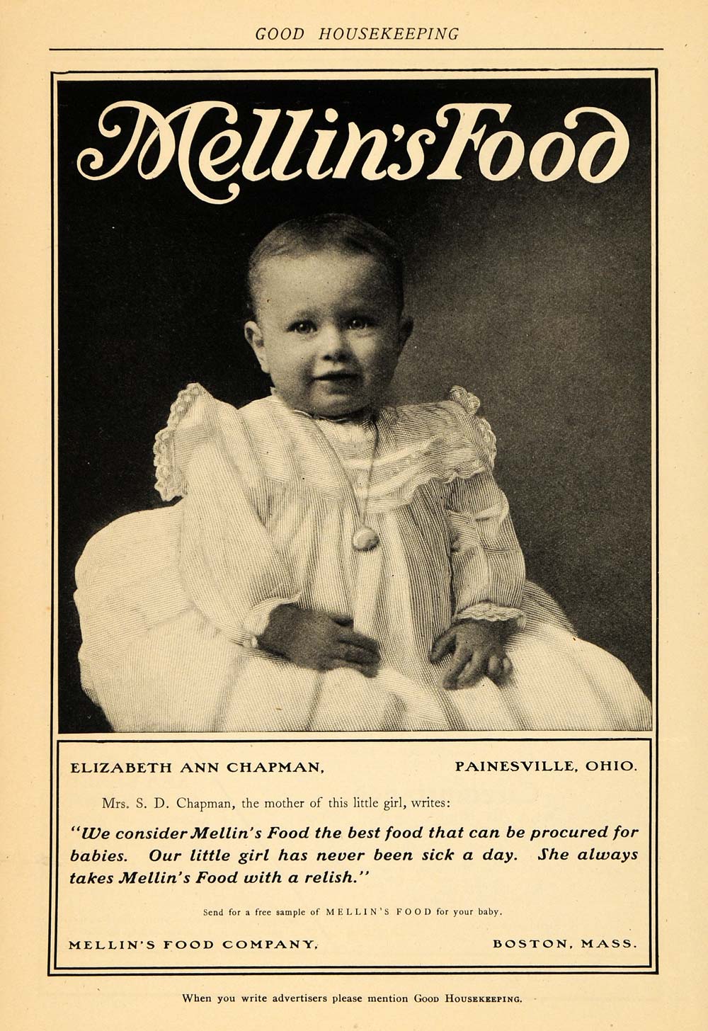 1902 Ad Mellin's Baby Food Elizabeth Ann Chapman Ohio - ORIGINAL ADVERTISING GH2