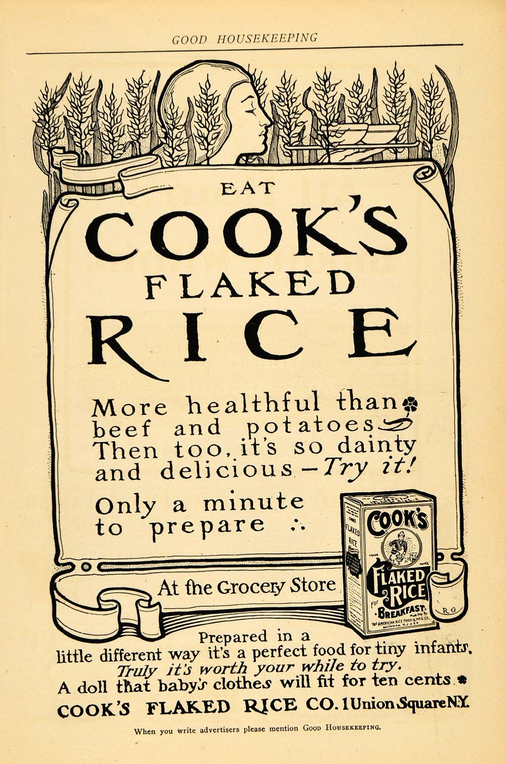 1902 Ad Cook's Flaked Rice Breakfast Cereal New York - ORIGINAL ADVERTISING GH2